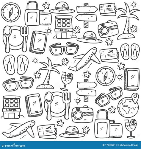 Set Of Travel Doodle Elements Vector Illustration In Hand Drawn Style