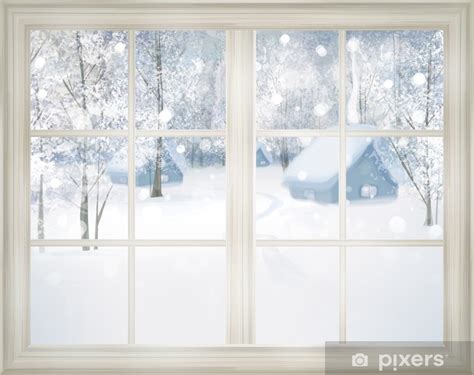 Wall Mural Window with winter view of snowy background. - PIXERS.US