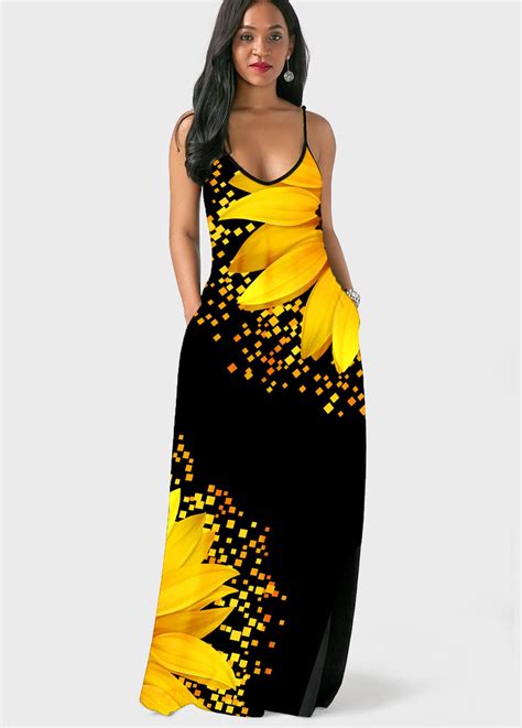 Rotita Side Pocket Sunflower Print Spaghetti Strap Maxi Dress Rotita