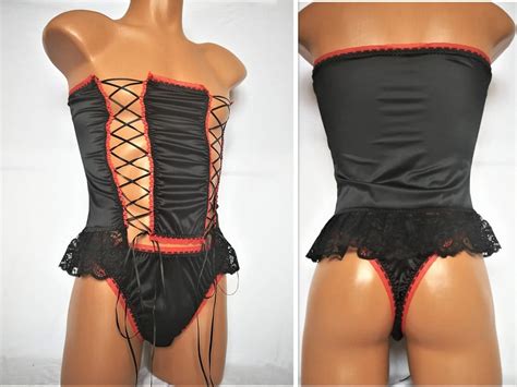 Satin Sissy Lingerie Set In Black Trimmed With Red With Lace Ribbons