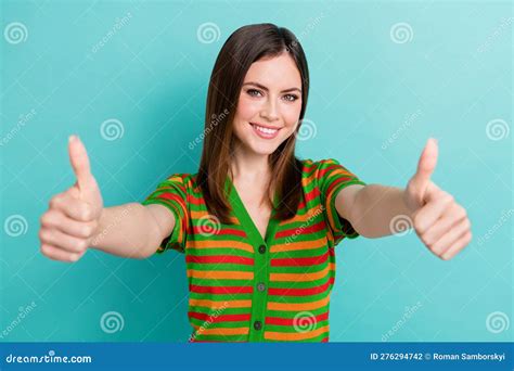 Photo Of Sweet Adorable Woman Dressed Striped Cardigan Showing You Two