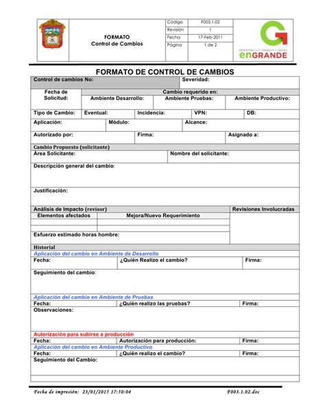 formato de control de cambios Dirección General del Sistema