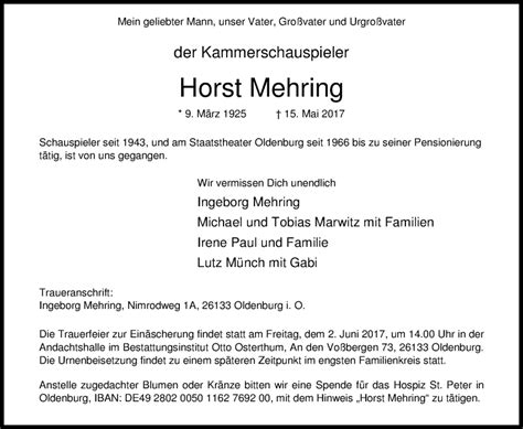 Traueranzeigen Von Horst Mehring Nordwest Trauer De