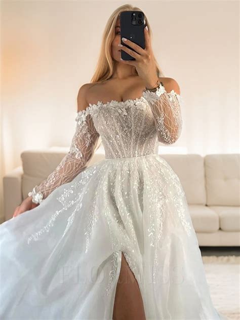 A Line Off The Shoulder Long Sleeves Appliques Lace Cathedral Train