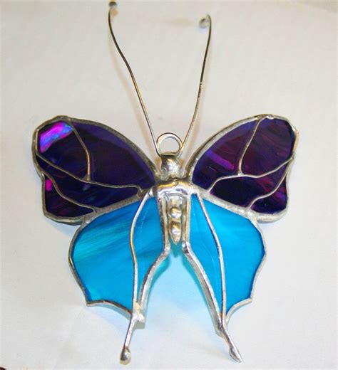 Rare Aqua And Purple Iridescent Stained Glass Butterfly Silver Wire Details Glassquirks