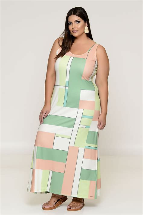 Vestido Plus Size Longo Estampado Verde Vk Moda Plus Size