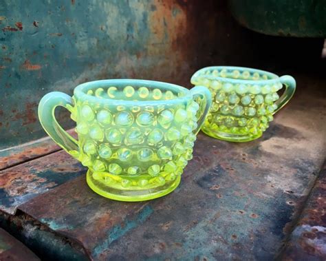 Fenton Topaz Yellow Vaseline Opalescent Hobnail Glass Small Cream And Sugar Bowl Set Uranium Glass