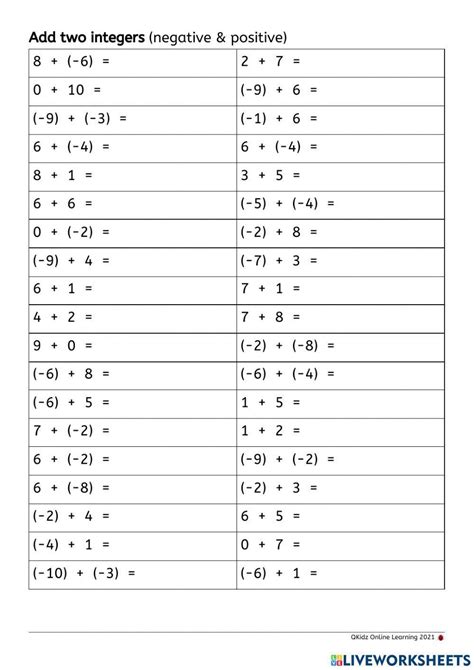 Adding two integers negative and positive worksheet | Live Worksheets ...