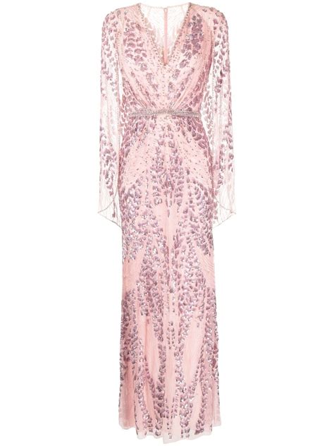 Jenny Packham Sequin Embellished V Neck Cape Gown In Pink ModeSens