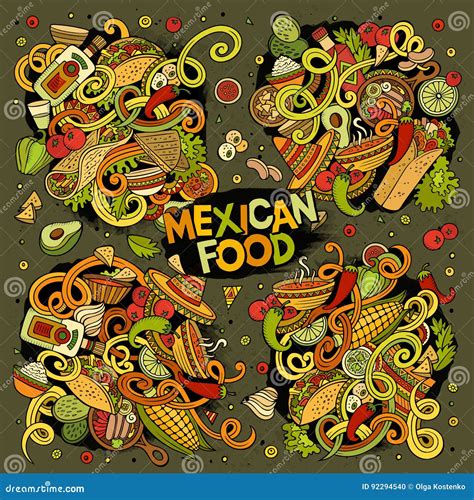 Cartoon Set Of Mexican Food Doodles Design Stock Vector Illustration