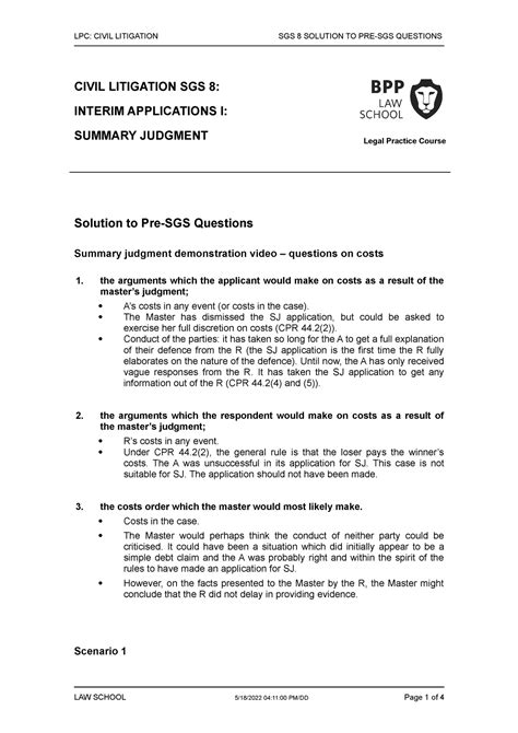 Civil Litigation SGS 8 Solution To Pre SGS Questions LPC CIVIL