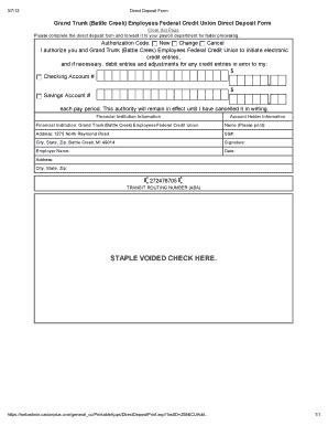 Fillable Online Direct Deposit Form Grand Trunk Credit Union Fax