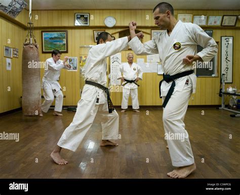 Karate training at the dojo of karate master Toshimitsu Arakaki in ...