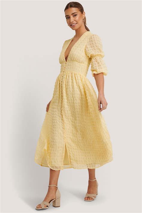 V Shape Flowy Puff Sleeve Dress Yellow Na Kd