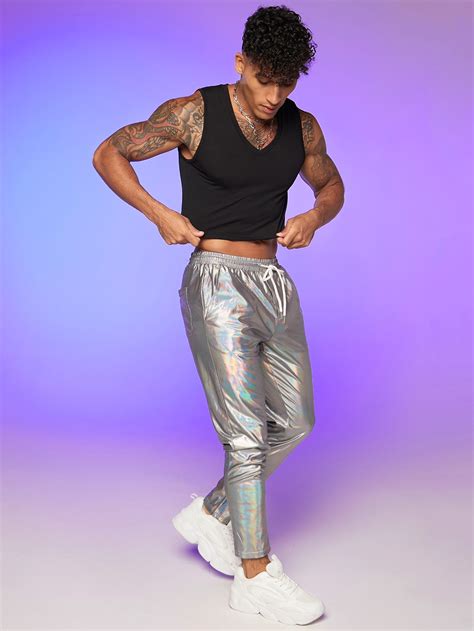 Manfinity Fever City Men Holographic Drawstring Waist Trousers Shein Uk