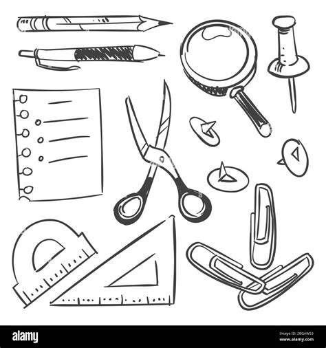 Stationery Sketch Set Scissors Pencil Pen Button Isolated On White