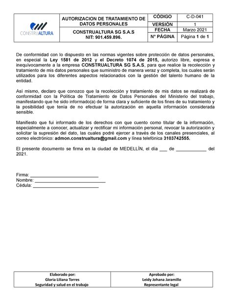 Autorizacion De Tratamiento De Datos Personales Autorizacion De