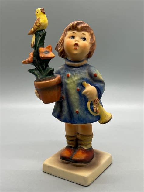 Hummel Goebel Congratulation Figurine Girl With Bird Plant And Horn Tm