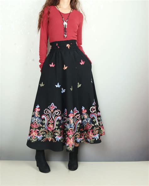 Embroidered Skirt Flared Wool Skirt Boho Maxi Skirt Elastic Etsy