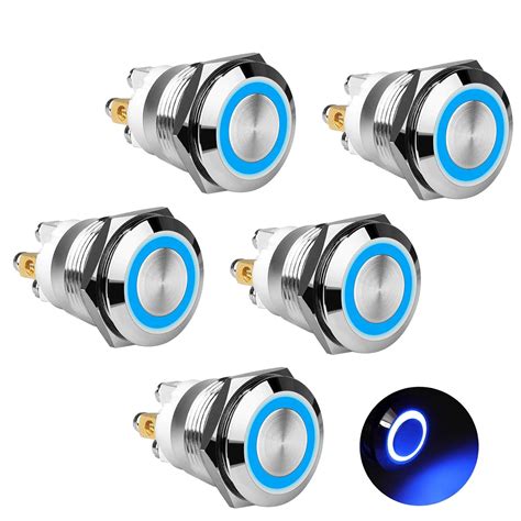 5pcs 19mm Momentary Push Button Switch With Blue Led Indicator Light 12v Pushbutton