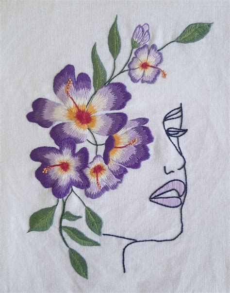 Hand Embroidery Woman Face With Flowers Embroidery Art Machine