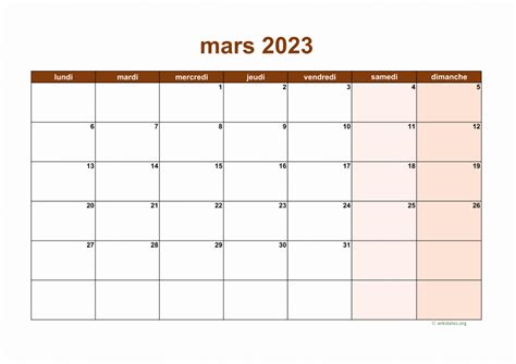 Calendrier Mois De Mars 2023 Pelajaran