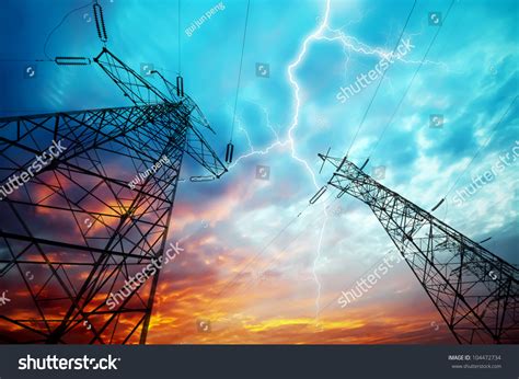 Dramatic Image Power Distribution Station Lightning Stock Photo