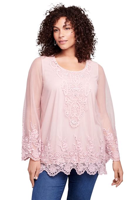 Roamans Roamans Womens Plus Size Mesh Embellished Tunic Pearl