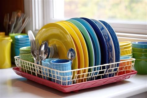 Premium AI Image | Dish rack filled with clean colorful dishes