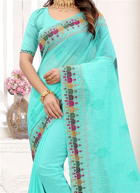 Buy Sky Blue Faux Georgette Embroidered Saree Party Wear Online At Best