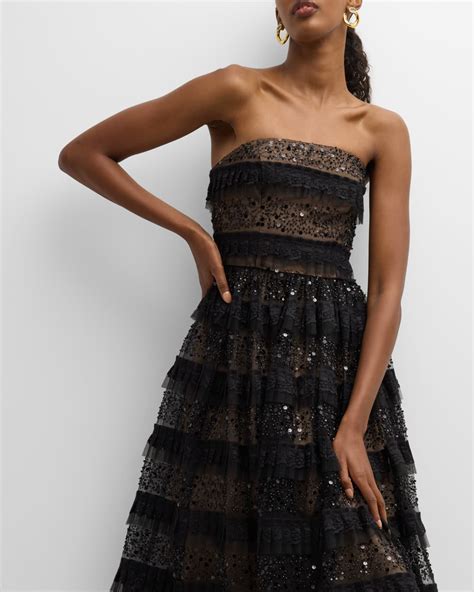 Dress The Population Black Label Ruby Tiered Strapless Bead And Sequin Midi Dress Neiman Marcus