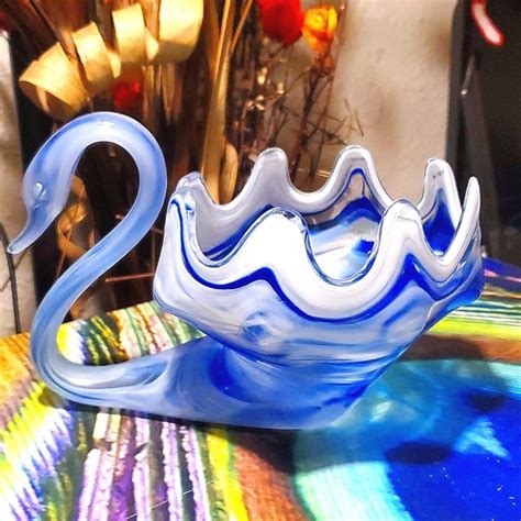 Murano Accents Mid Century Murano Art Glass Marble Swirl Blue White Slag Glass Swan Bowl