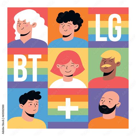 Funny people faces with LGBT+ flag colors. Flat vector illustration for Pride month and LGBTQIA+ ...