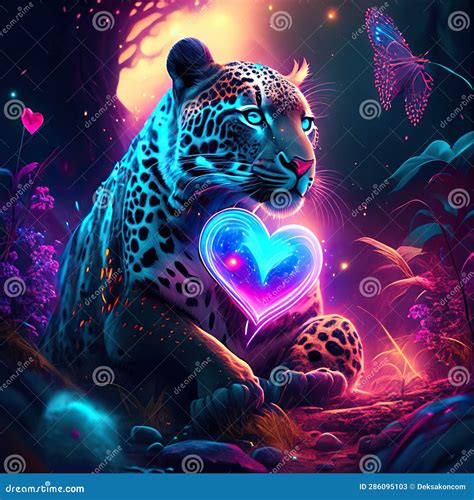 Jaguar Hugging Heart Leopard With Heart In The Night Forest 3d