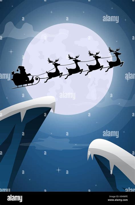 Santa Claus And Reindeer Sleigh Flying With The Full Moon On Stock Vector Art And Illustration