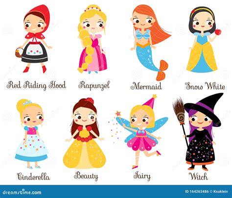 Cute Fairy Tales Characters. Snow White, Red Riding Hood, Rapunzel ...