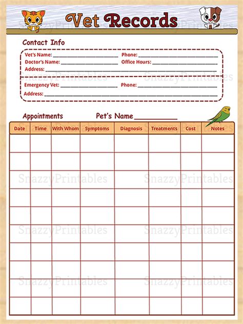 Printable Veterinary Record Instant Download Pdf Snazzy Printables