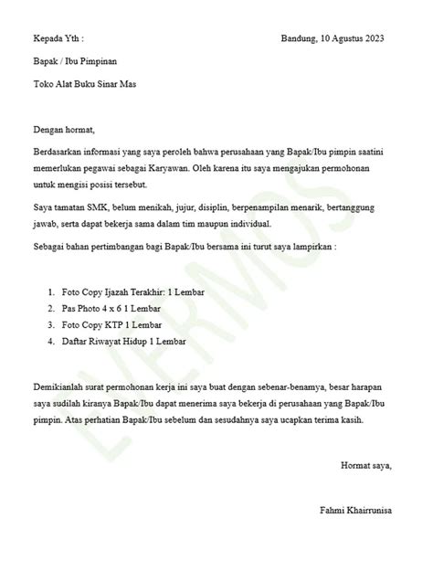 Contoh Surat Lamaran Kerja Di Toko Berbagai Toko