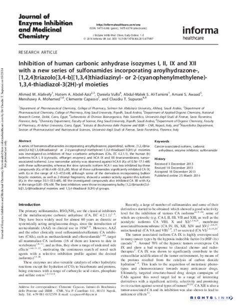 (PDF) Inhibition of human carbonic anhydrase isozymes I, II, IX and XII ...