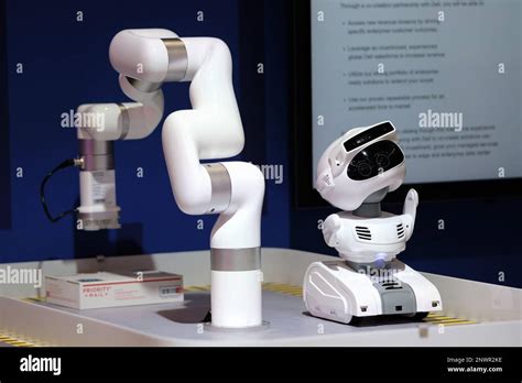 Barcelona Spain 28th Feb 2023 A Smart Robot And A Robotic Arm Are Pictured On Display At The