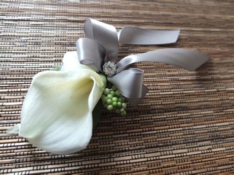 Mens Boutonniere White Calla Lily With Silver Grey Ribbon Etsy