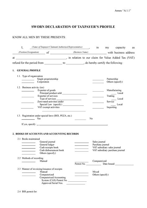 Annex A 1 1 Sworn Declaration Of Taxpayers Profile Annex A 1 SWORN