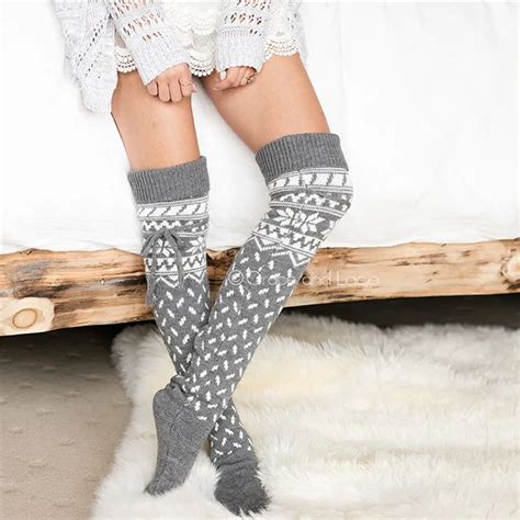 Xmas Warm Long Cotton Stocking Over Knee Stocking Women Winter Knee High Thigh Knitted Stockings