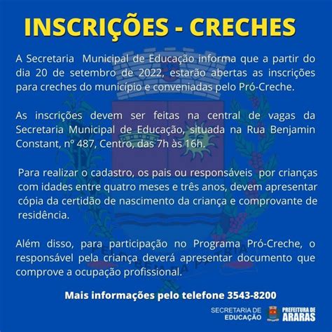 Munic Pio De Araras Creches Inscri Es Come Am Nesta Ter A Feira