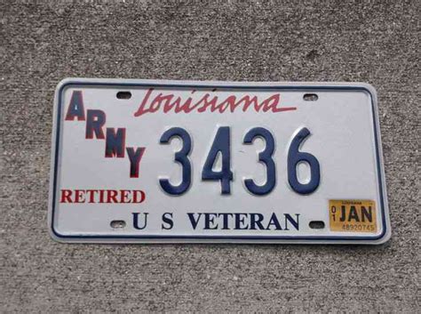 Louisiana 2001 U S Veteran Army Retired License Plate