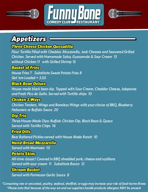 Food & Drink Menu | Tampa Funny Bone Comedy Club & Restaurant