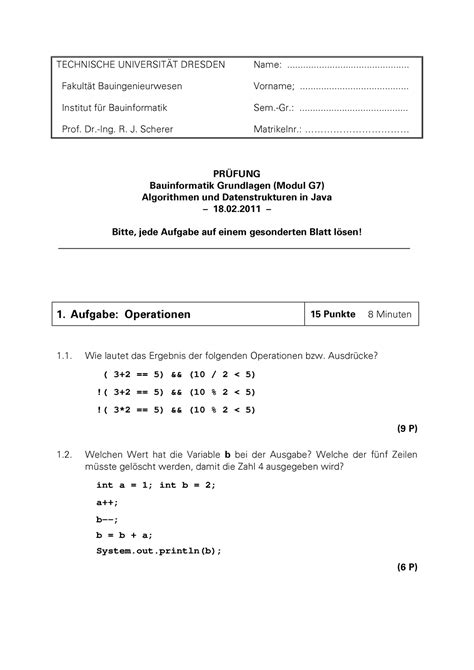 Musterklausur Java Klausur JAVA TECHNISCHE UNIVERSITÄT DRESDEN Name