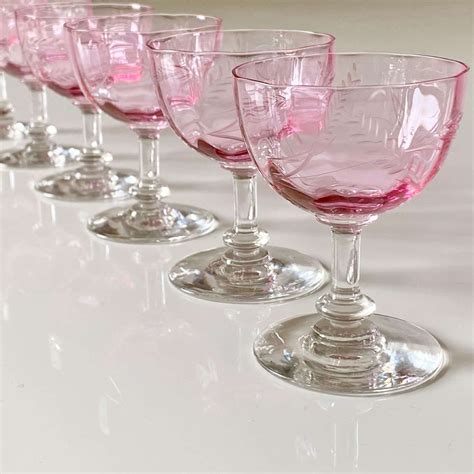 Six Pink Baccarat Crystal Dessert Wine Glasses In Antique Wine Glasses