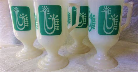 Set Of 4 Vintage Federal Milk Glass Pedestal Cups Mugs Turquoise Danish Rooster For 30 In