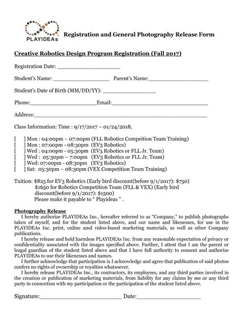 Fillable Online Registration And General Photography Release Form Fax